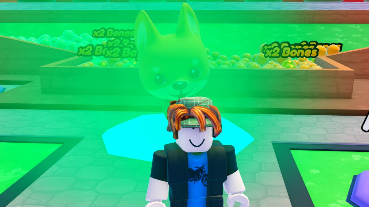 Standing in front of a floating puppy in Roblox Puppy Tycoon