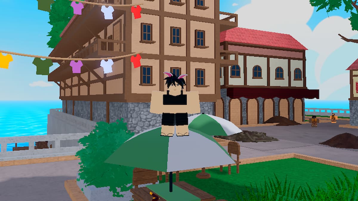 Roblox Eternal Piece A Minx Character Standing On A Green White Umbrella With Houses Behind