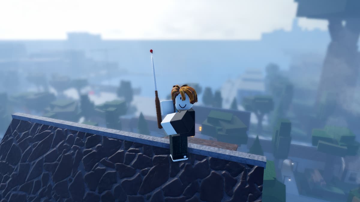 Roblox Hunter X Anomaly Avatar Holding A Fishing Rod While Standing On A Rooftop