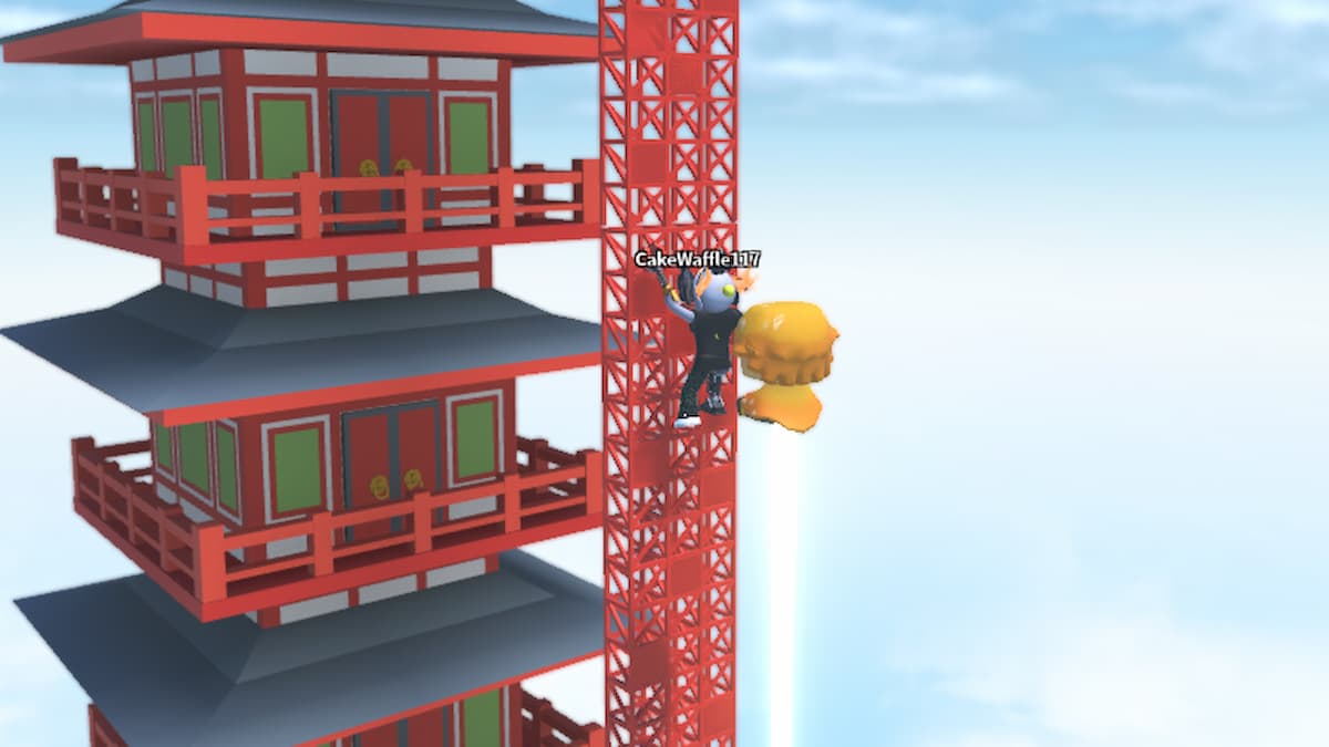 Roblox Anime Climb And Jump Avatar Wearing Silver Helmet Climbing Red Girder With A Floating Blonde Pet Behind