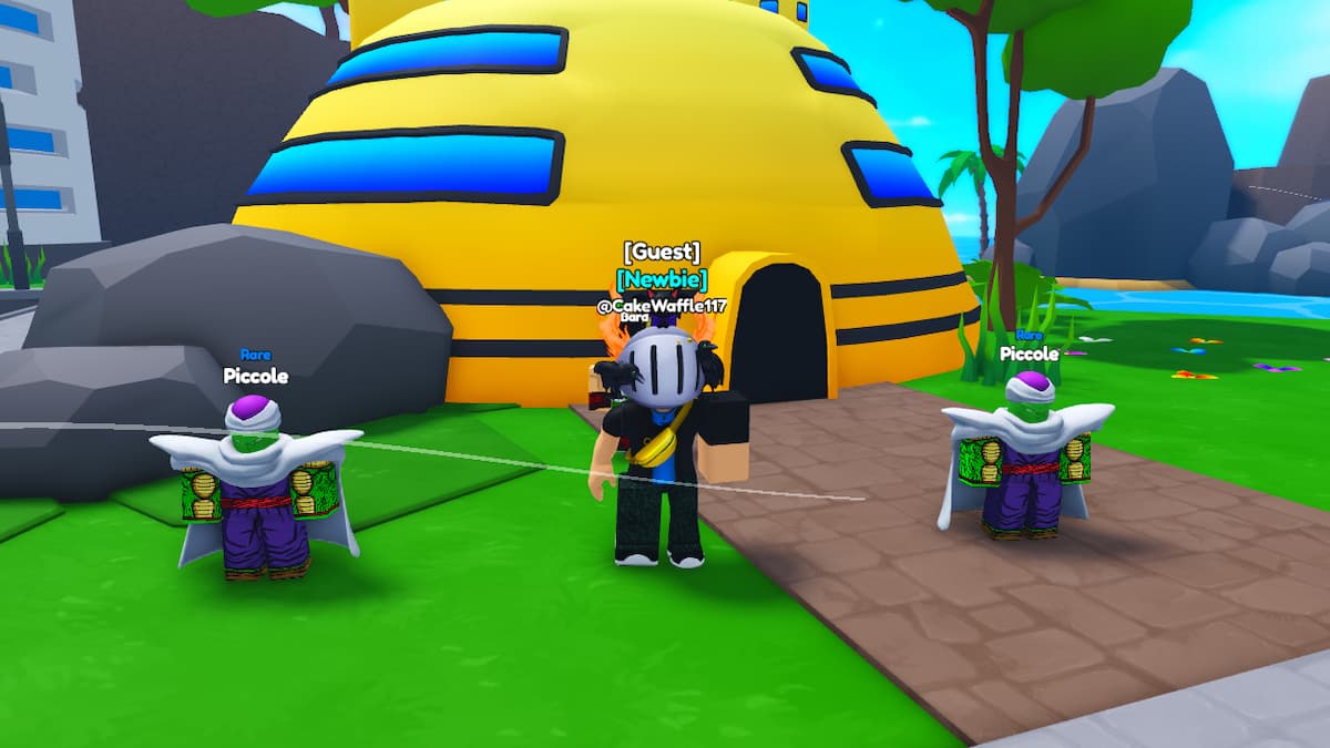 Roblox Anime Hunters Avatar Wearing Silver Helmet With Crows And Cat Standing On Top Standing Near Yellow House With Two Piccole Pets Who Are Green Aliens