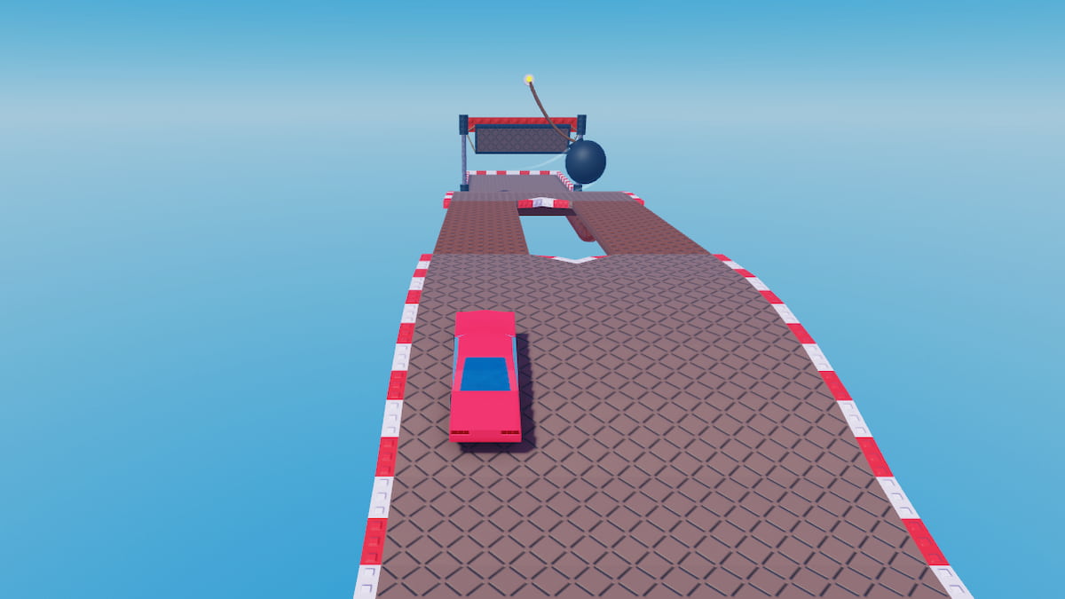 Roblox Brace A Red Car Speeding Off Towards Finish Line But A Wrecking Ball Swinging Is In The Way