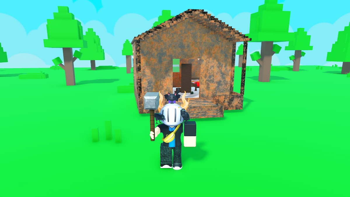 Roblox Clean A House Avatar Wearing Silver Helmet And Massive Left Arm Holding Silver Hammer In Right Arm As A Rusty Old Small House Is In The Background