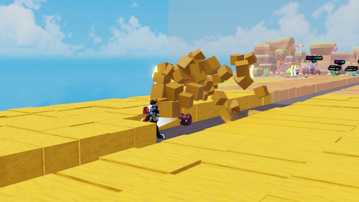 Roblox Dig To End Avatar Wearing Silver Helmet Racing Through Blocks As They Fly In The Air Behind Him