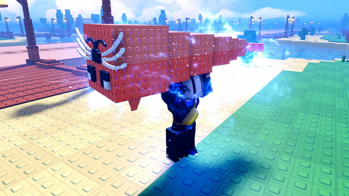 Roblox Fish A Brainrot Avatar Wearing Silver Helmet Holding A Giant Pink Electrified Fish Brainrot Overhead