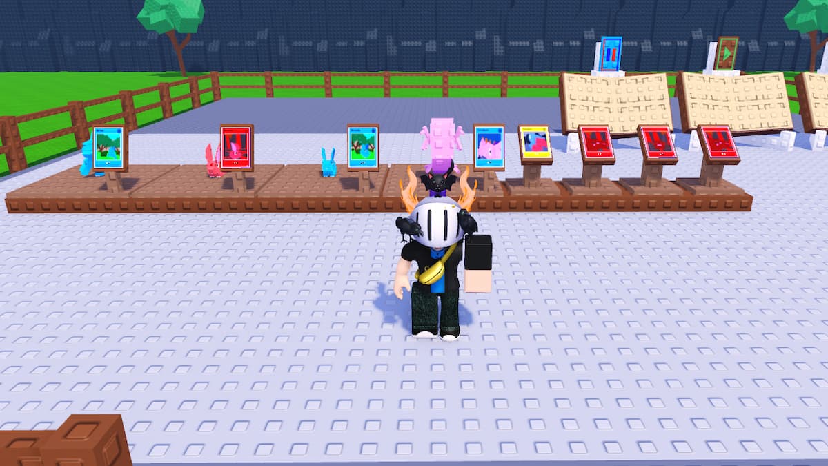 Roblox Grow A Collection Avatar Wearing Silver Helmet With Cat And Fire Standing Before Tons Of Display Sands With Differnet Colored Cards On Top