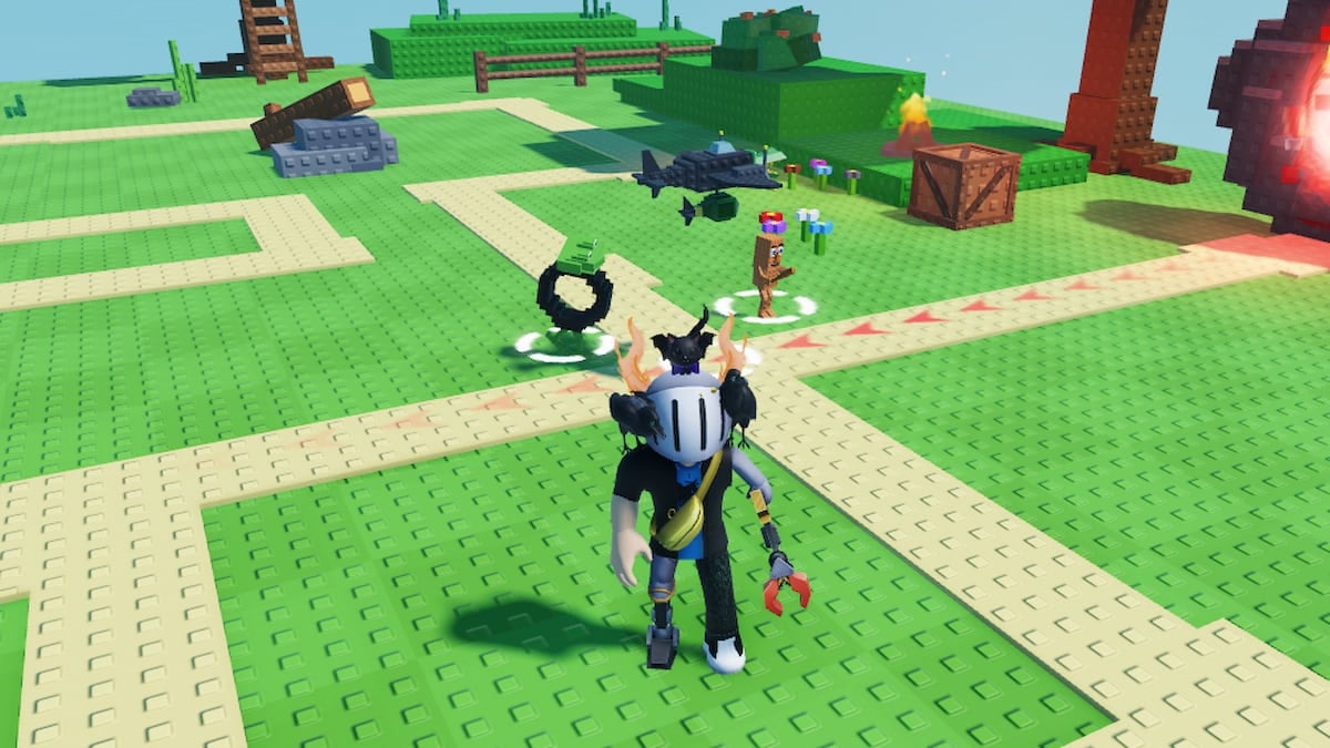 Roblox Just Brainrot Tower Defense Avatar Wearing Silver Helmet And Claw Arm Standing Before Brainrot Units On Grass