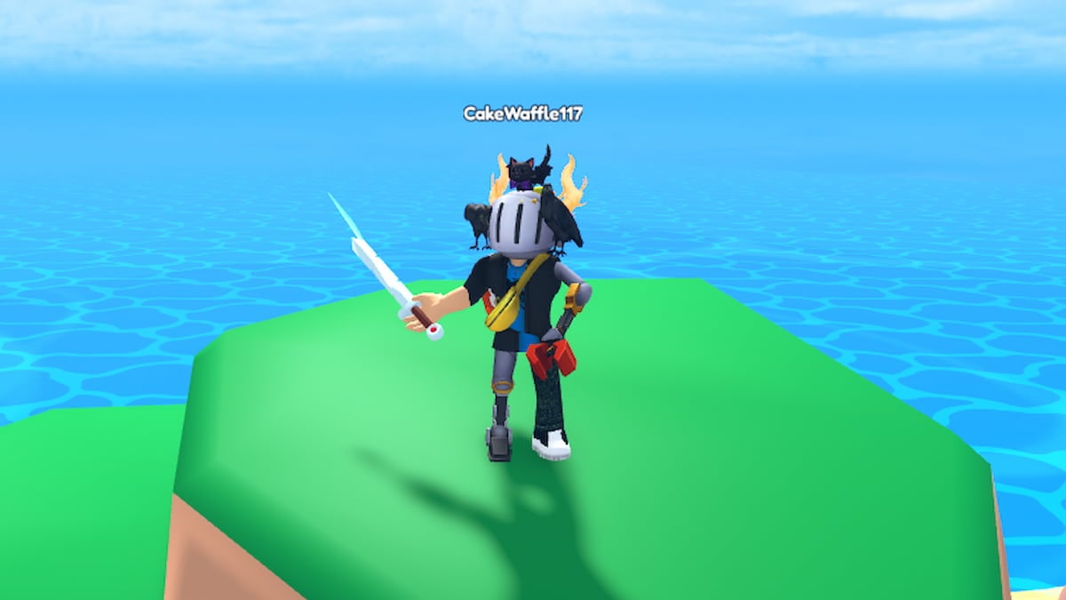 Roblox Mega Sword Evolution Avatar Wearing Silver Helmet And Claw Arm Holding Chipped Sword In Right Hand About To Swing It While Standing On A Green Hill