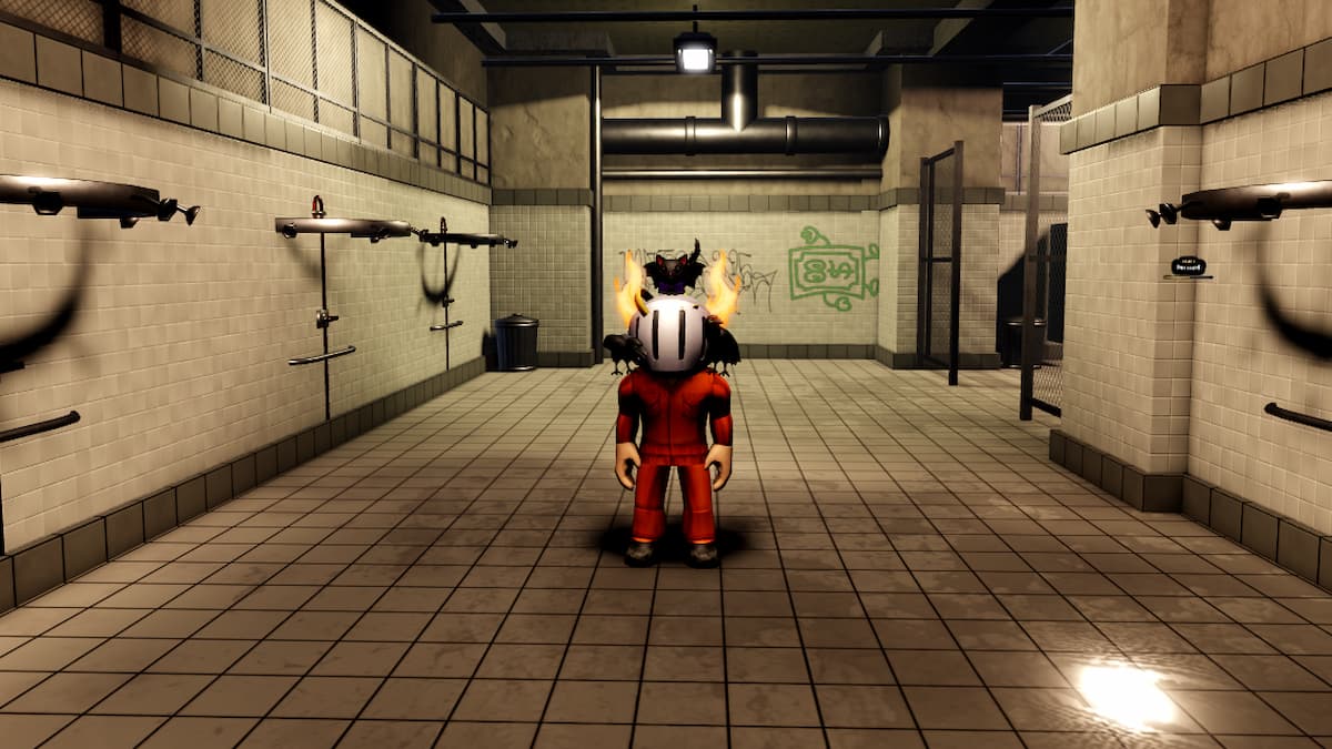 Roblox Prison Brawl Avatar Wearing Silver Helmet Wearing Orange Prison Overalls Standing In Shower Room