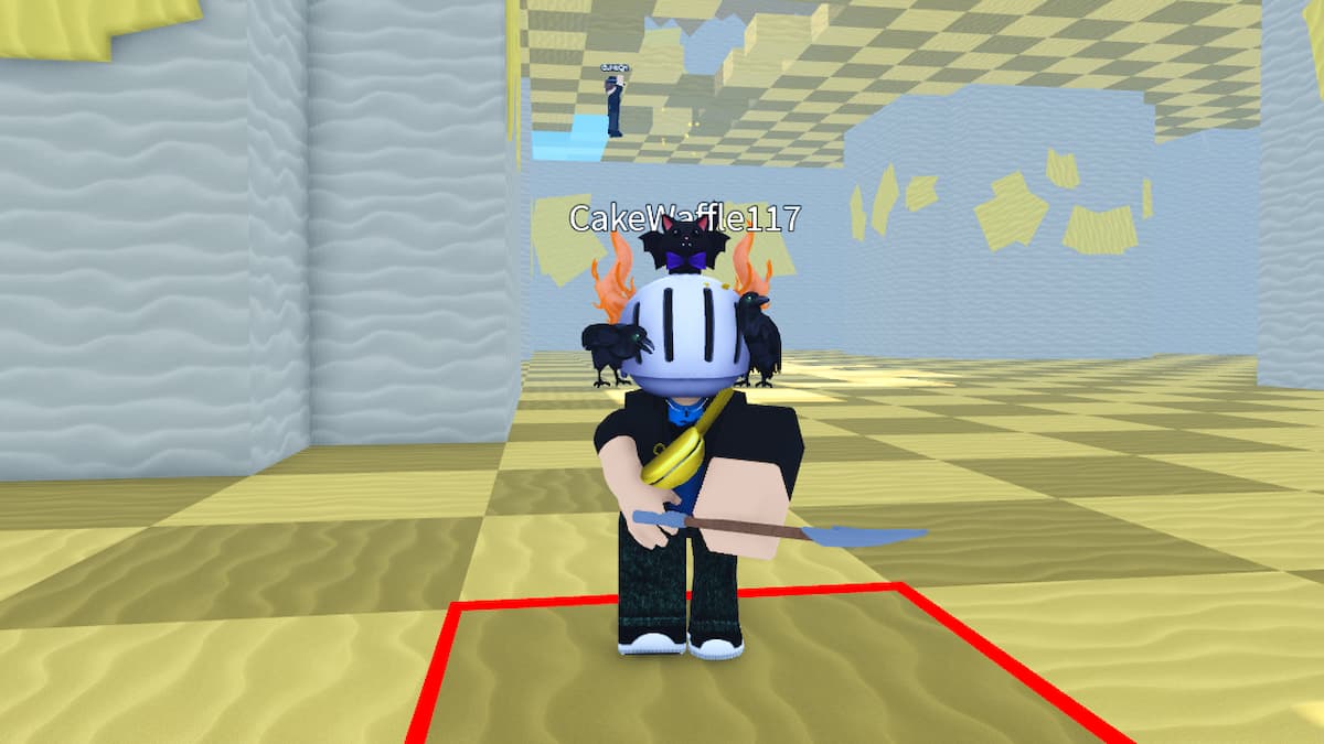 Roblox Shovel Spleef Avatar Wearing Silver Helmet On Fire With Cat On Top Holding Basic Shovel About To Dig Intp Ground Indicated By Red Square Outline