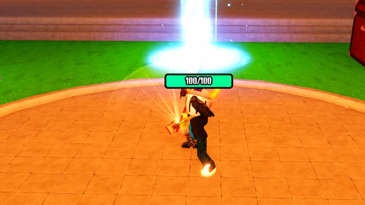 Roblox Slayer Infinity Avatar Wearing Silver Helmet Holding Wooden Sword About To Strike With A Blue Light Hitting The Ground Behind