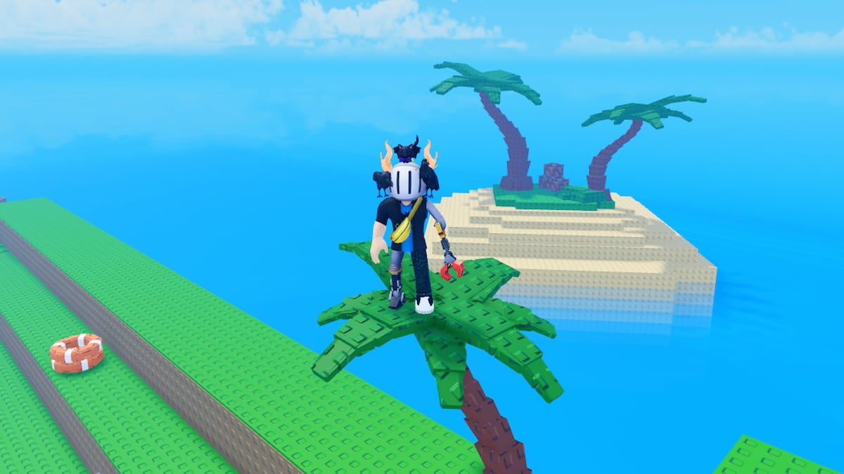 Roblox Steal A Fish Avatar Wearing Silver Helmet And Claw Arm Standing On Palm Tree With A Small Desert Island Behind