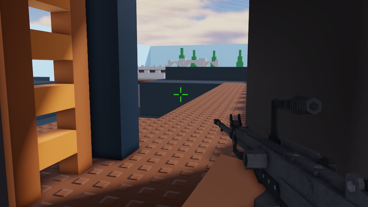 Roblox Aimbot Ffa A First Person View Of A Player Holding A Gun On A Brown Rooftop With A Ladder And Grey Buildings In The Background