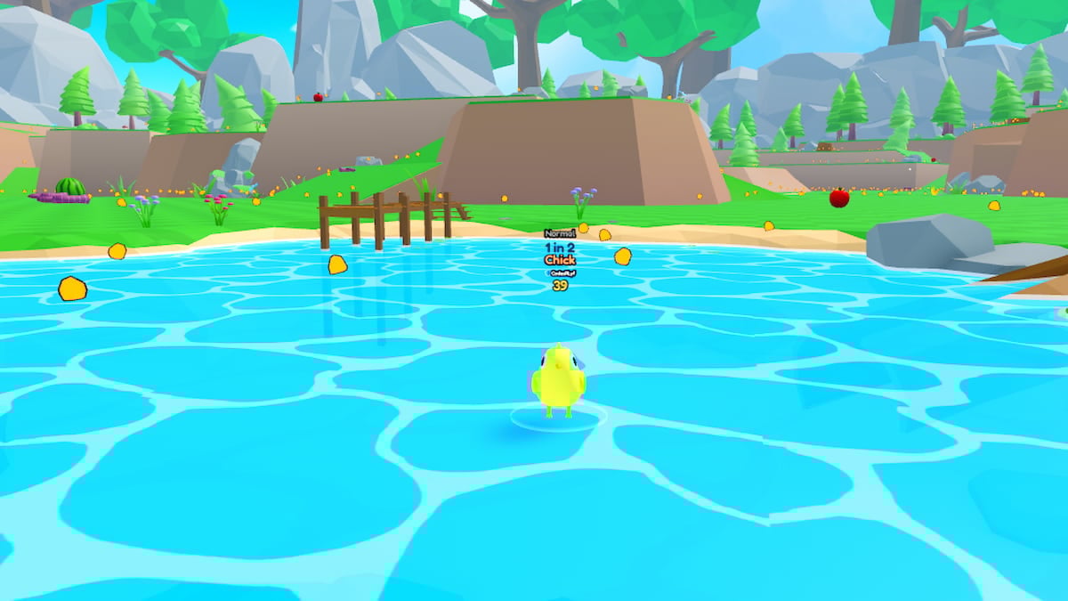 Roblox Be Animal A Yellow Roblox Character In The Shape Of A Chick Or Duckling Is In Blue Water With Yellow And Orange Objects Floating Around It