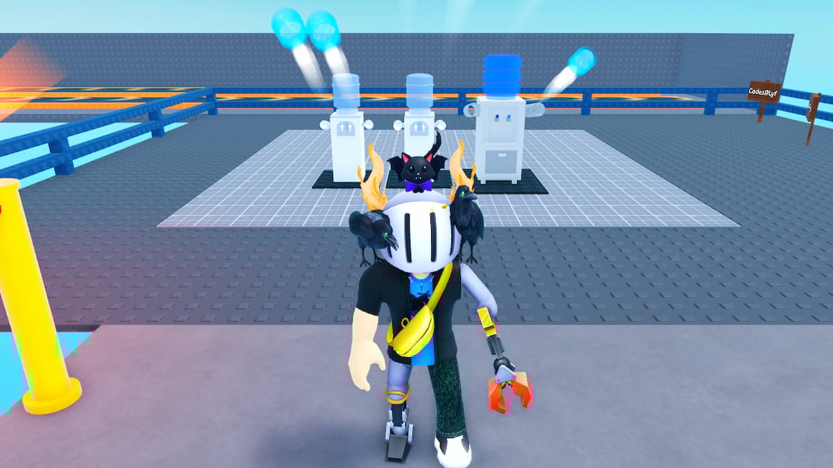 Roblox Cool A Baddie A Roblox Character With A White Helmet Gold Horns And A Red Claw Arm Stands On A Grey Platform With White Water Coolers