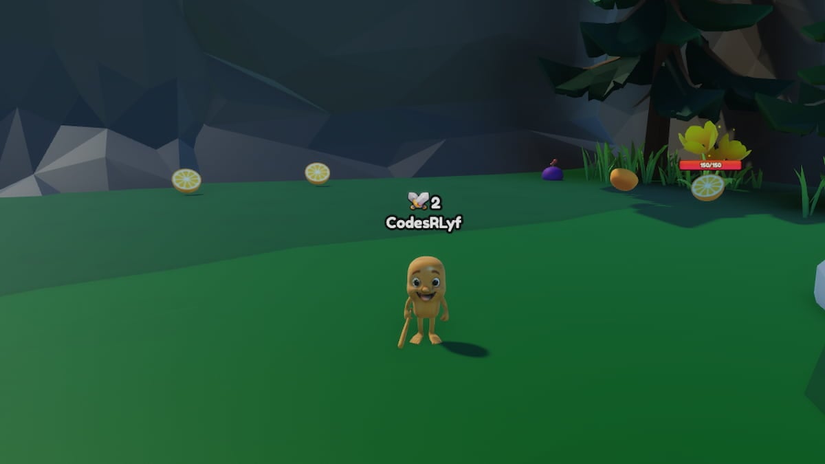 Roblox Cute Brainrot Evolution A Small Yellow Character With A Wooden Cane Stands On A Grassy Hill Surrounded By Lemons Oranges And Other Fruits In A Dark And Mysterious Forest