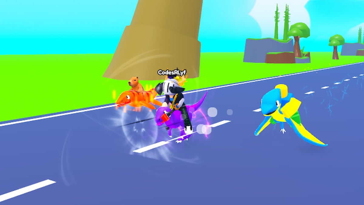 Roblox Dinosaur Racing Avatar Wearing Silver Helmet Riding A Purple Dinosaur Next To A Capybara Riding A Orange Dinosaur And A Yellow Avatar Riding A Blue Dinosaur