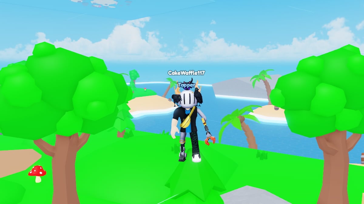Roblox Emerald Tappers Ultimate A Roblox Character With A Black And White Helmet Gold Horns A Banana Bag And A Red Claw Arm Stands On A Green Hill With Trees And Tropical Islands In The Background