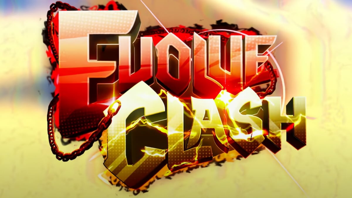 Roblox Evolve Clash A Red And Gold Metallic 3d Logo With The Words Evolve Clash On A Yellow Background