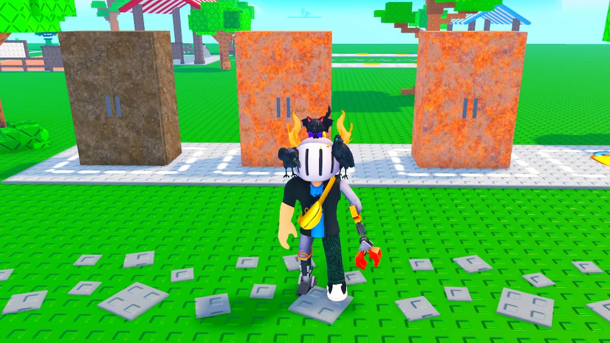 Oblox Fridge Rng A Roblox Character With A White Helmet Gold Horns A Banana Bag And A Red Claw Arm Stands On A Green Blocky Platform In Front Of Three Large Fridge Two Rusty