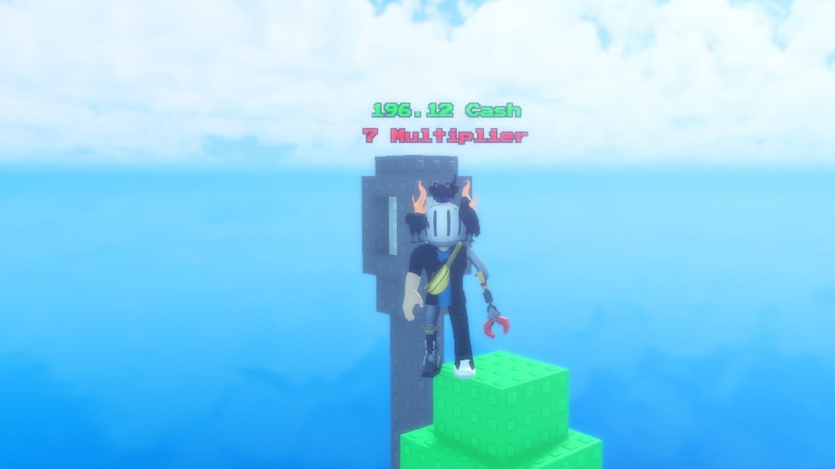 Roblox Grand Button Incremental Avatar In White Silver Helmet And Claw Arm Standing On Top Of Green Tree With Sea Or Sky Behind