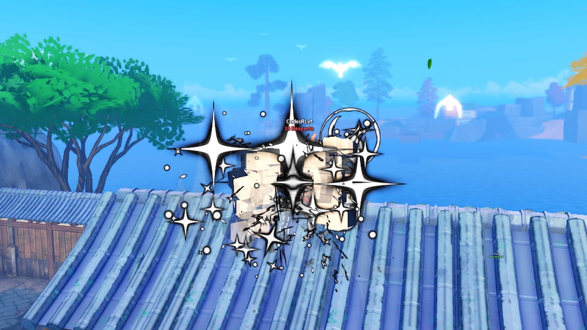 Roblox Jujutsu Seas A Roblox Character Is Hidden Behind A Large White Sparkle Effect On A Blue Tiled Rooftop With A Blue Sky And Distant Islands In The Background