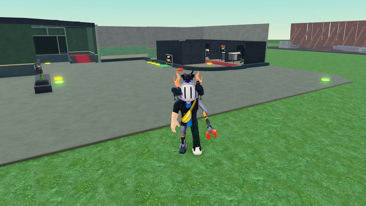 Roblox Meme Defense Tycoon A Roblox Character With A White Helmet Gold Horns A Banana Bag And A Red Claw Arm Stands On A Grassy Field With A Modern Black Building And Other Structures