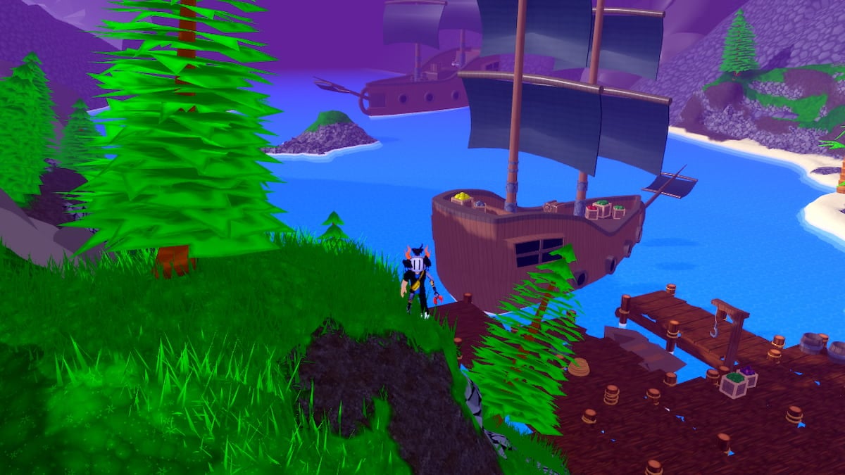 Roblox Power Masters Simulator A Third Person Perspective Of A Person In Black And Blue Armor Standing On A Cliff Overlooking A Dock With Three Ships And Green Trees Under A Purple Sky
