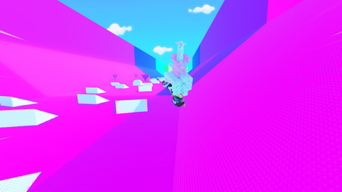 Roblox Slide With Brainrot A Roblox Character Is Sliding Down A Bright Pink Ramp Or Slide In The Sky With A Trail Of White Blocks Behind It