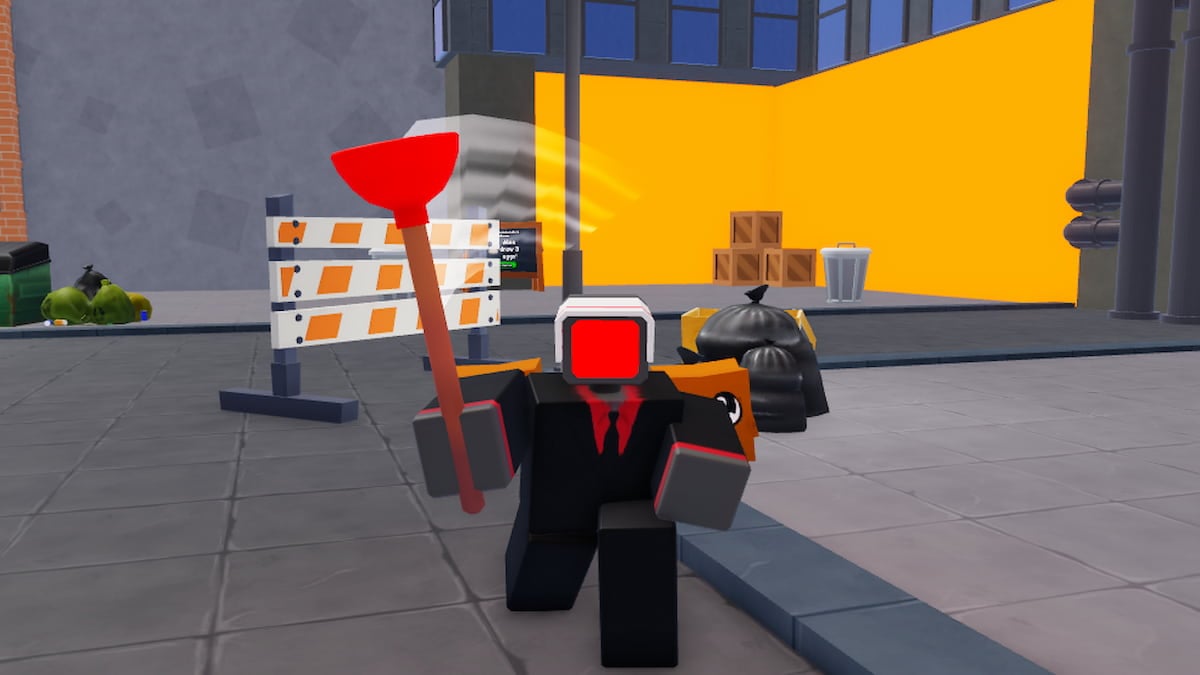 Roblox Toilet Crew Evolution A Roblox Character With A Red Square Head In A Black Suit And Tie Holding A Plunger In A City Scene