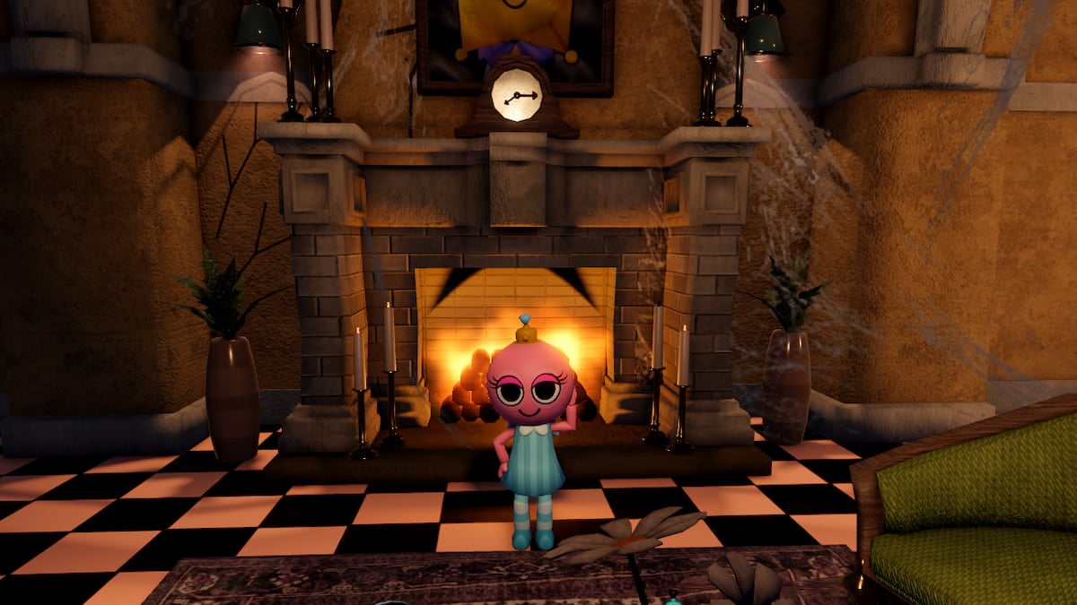 Roblox Twilights Zone A Pink Avatar With Big Eyes Standing Before A Lit Cozy Fire