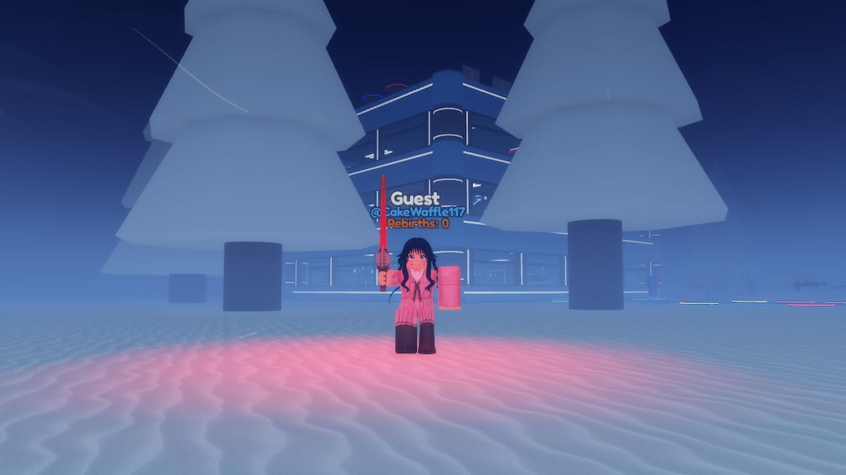 Roblox Waifu Tycoon A Roblox Character With Long Black Hair And A Pink And White Outfit Holding A Glowing Red Sword In A Snowy Setting With Two Trees