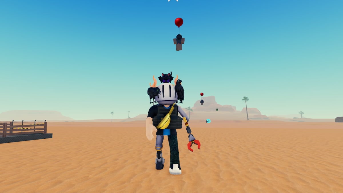 Roblox Zombie War Tycoon A Roblox Character With A White Helmet Banana Bag And Red Claw Arm Stands In A Desert With A Zombie Floating From A Red Balloon