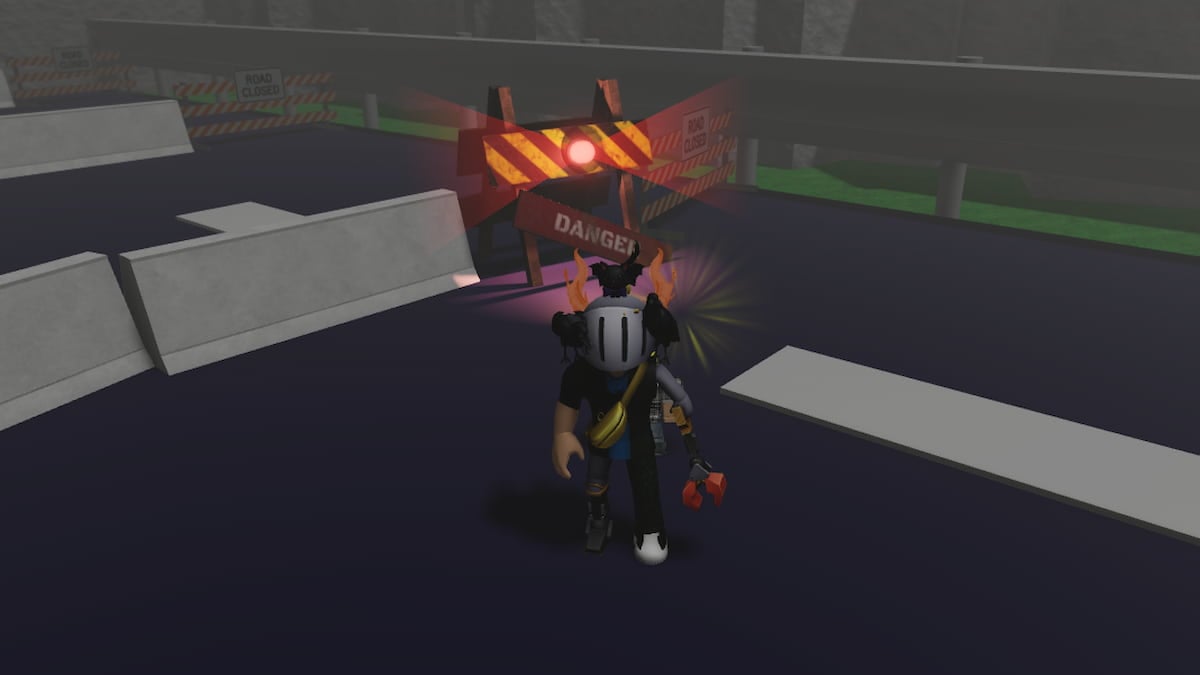 Roblox 99 Nights Forest Escape A Silver Helmeted Avatar Stands On A Dark Asphalt Road Near A Glowing Red And Yellow Striped Barricade With A Danger Sign And Grey Concrete Blocks