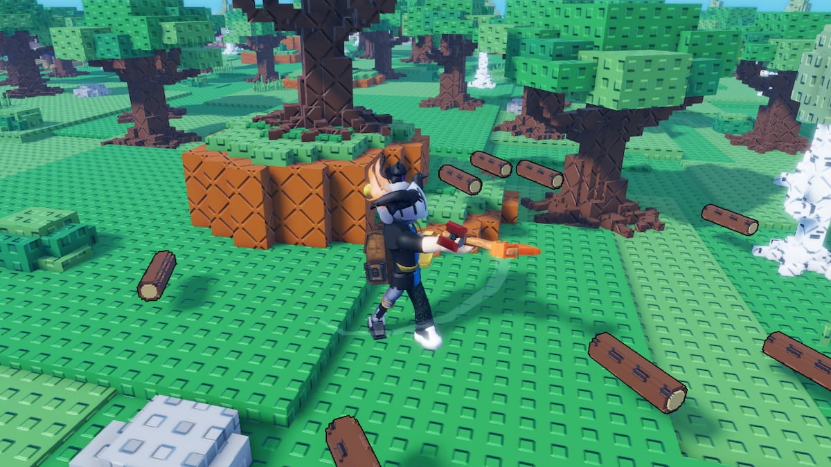 Roblox Build A Bridge A Silver Helmeted Avatar With An Orange Claw Arm And A Bronze Axe Stands On A Bright Green Studded Field With Blocky Trees And Logs Littering The Ground
