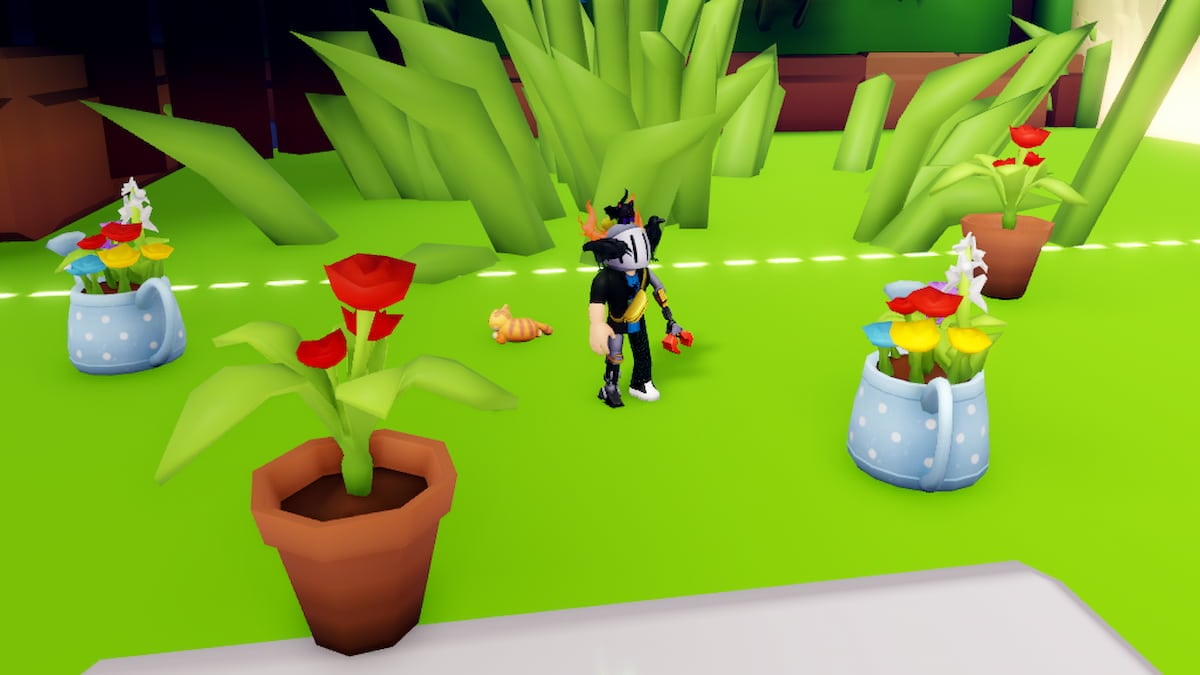 Roblox Meow Simulator A Silver Helmeted Avatar With A Claw Arm Stands On Bright Green Grass Near An Orange Tabby Cat Surrounded By Oversized Grass Blades And Potted Flowers