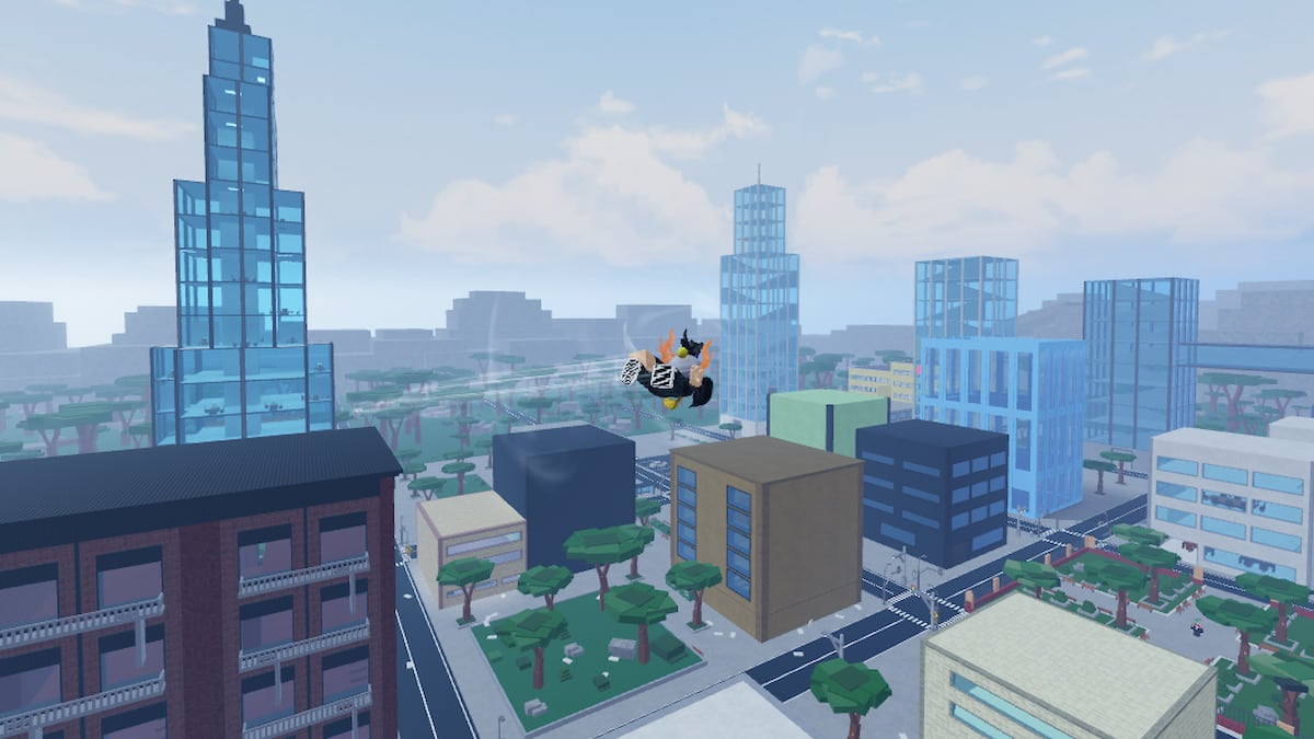 Roblox Omni Battlegrounds An Avatar Is Flying Through The Air Leaving A White Speed Trail Over A Blocky Cityscape With Tall Blue Glass Skyscrapers Under A Cloudy Sky