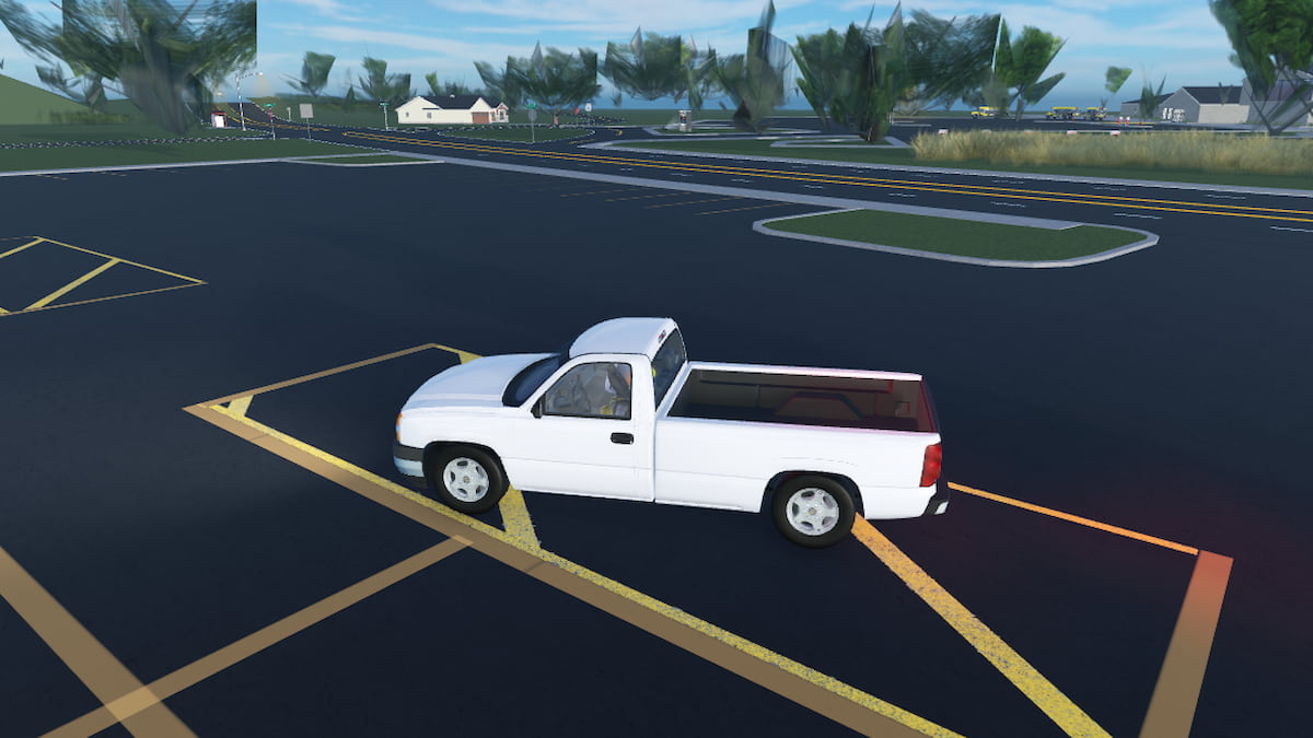 Roblox Roanoke A White Pickup Truck Is Driving Across A Dark Asphalt Parking Lot With Yellow Markings In A Suburban Area
