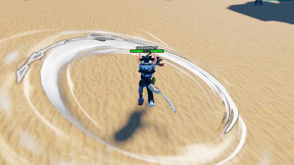 Roblox Shadow Piece A Silver Helmeted Avatar Is Performing A Circular Slash Attack With A Curved Cutlass Creating A Large White Energy Arc On A Sandy Beach