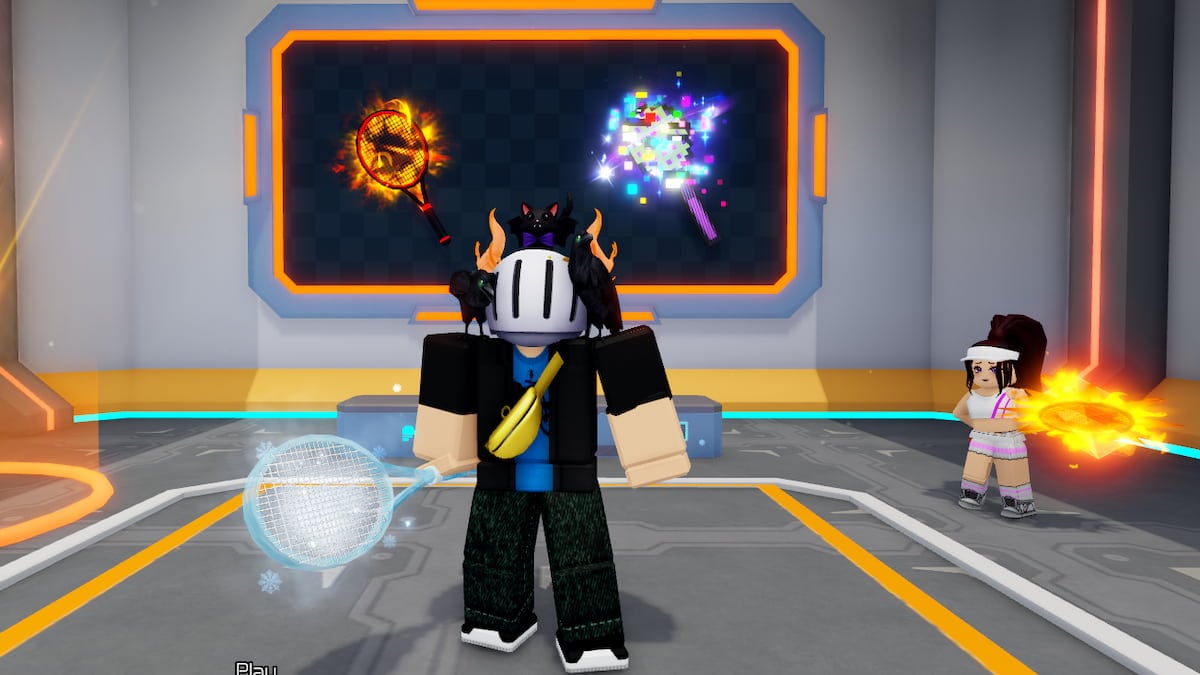 Roblox Tennis Clash A Silver Helmeted Avatar Holds An Ice Racket In A Brightly Lit Room With A Display Board Showing Fire And Glitch Rackets And A Female Npc Holding A Fire Racket